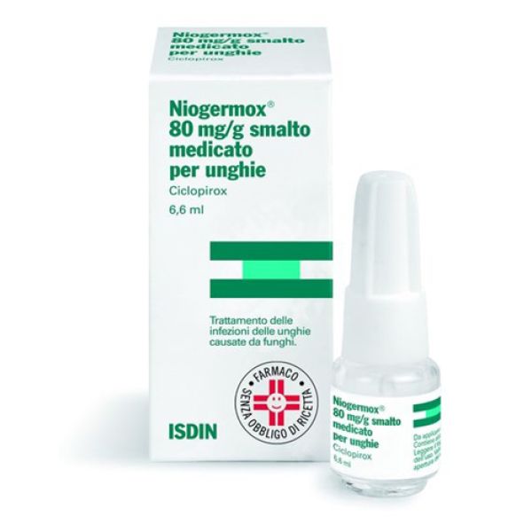 Niogermox - 80 Mg/g Smalto Medicato per Unghie, Flacone in Vetro da 6,6 ml con Tappo a Vite Pp + Pennellino Applicatore