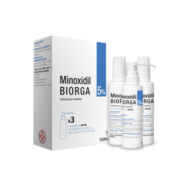 Minoxidil Biorga (laboratoires Bailleul) - 5% Soluzione Cutanea, 3 Flaconi Hdpe 60ml con Pompa Spray E  Applicatore