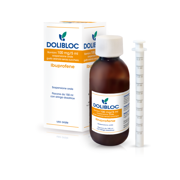 Dolibloc - Bambini 100 Mg/5ml Sospensione Orale Gusto Arancia Senza Zucchero 1 Flacone in Pet 150ml con Siringa Dosatrice in Pe