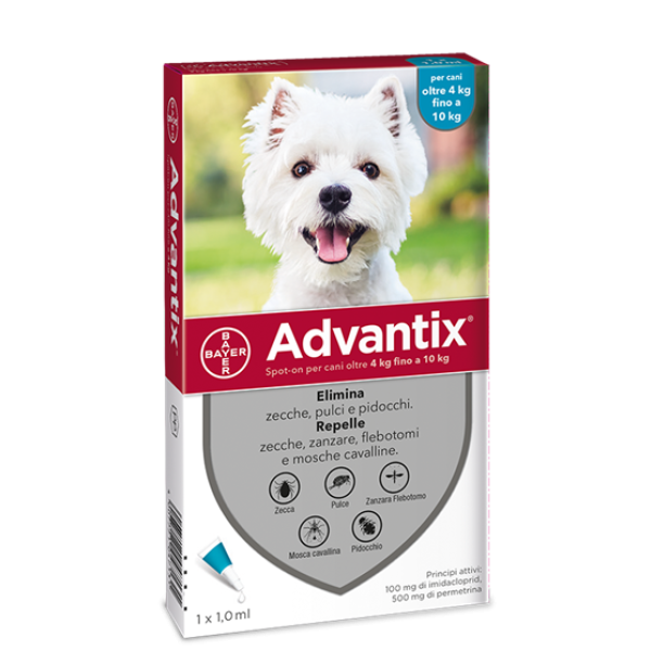 Advantix Spot On - 100 mg + 500 mg Soluzione Spot On per Cani da 4 a 10 Kg 1 Pipetta da 1 ml