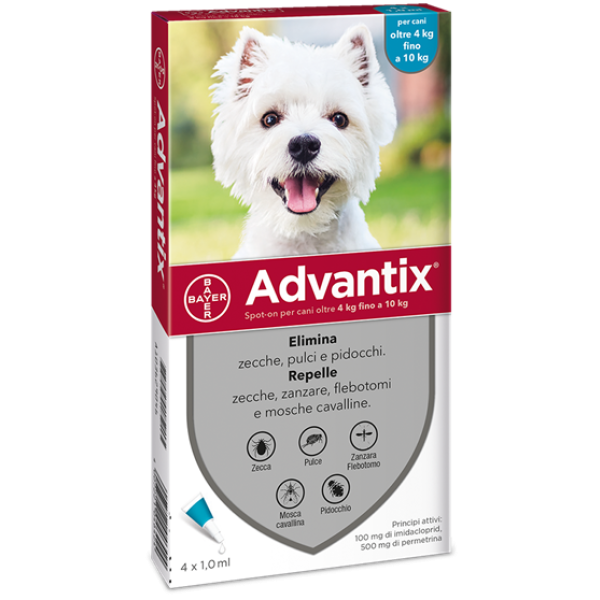 Advantix Spot On - 100 mg + 500 mg Soluzione Spot On per Cani da 4 A10 Kg 4 Pipette da 1 ml