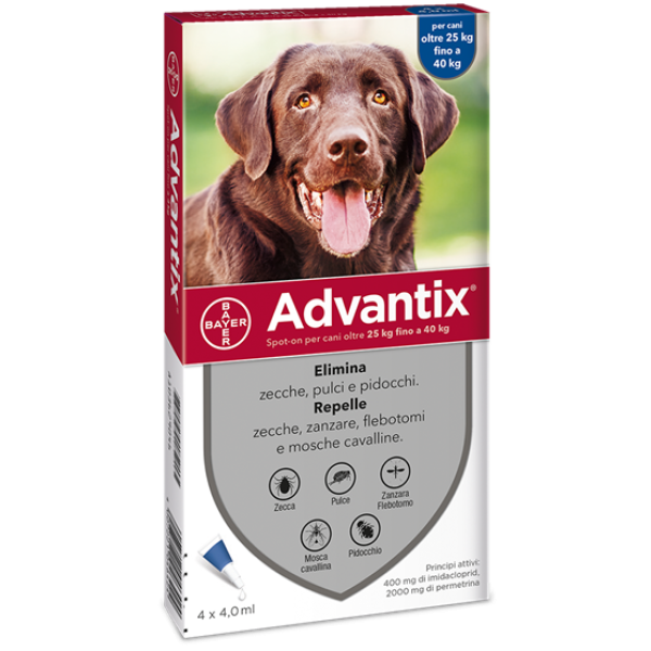 Advantix Spot On - 400 mg + 2.000 mg Soluzione Spot On per Cani da 25 a 40 Kg 4 Pipette da 4 ml