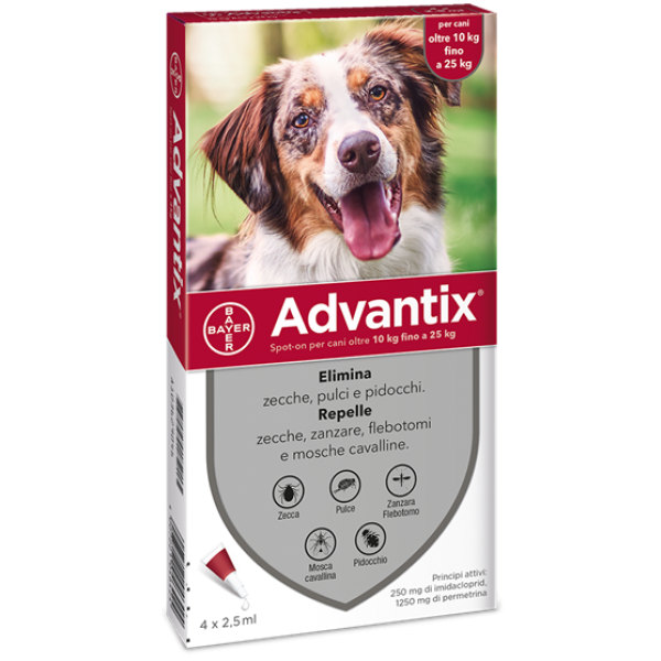 Advantix Spot On - 250 mg + 1.250 mg Soluzione Spot On per Cani da 10 a 25 Kg 4 Pipette da 2,5 ml
