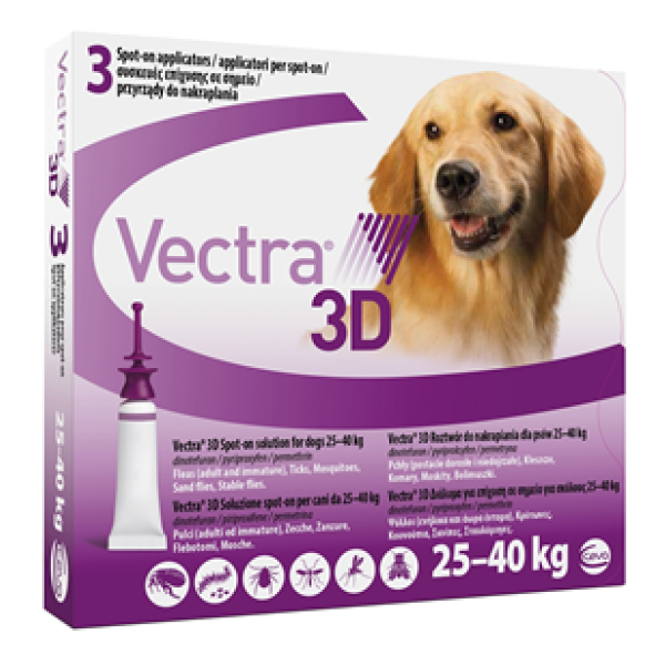 Vectra 3d - 256 mg + 22,7 mg + 1.865 mg Soluzione Spot On per Cani da 25 a 40 Kg 3 Pipette da 4,7 ml Tappo Viola