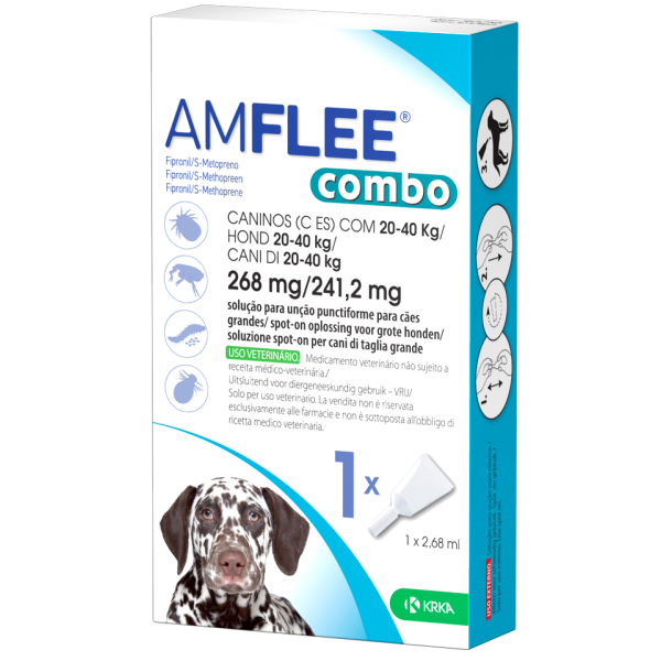 Amflee Combo - 268 mg + 241,2 mg Soluzione Spot On per Cani da 20 a 40 Kg 3 Pipette da 2,68 ml