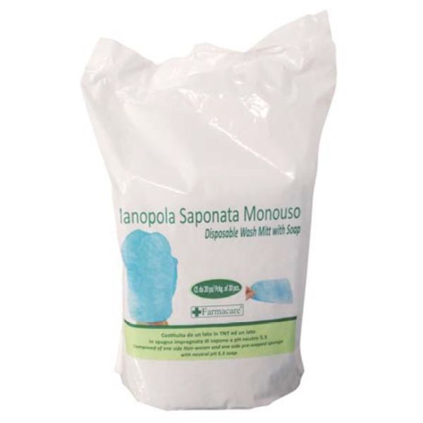 Manopola Monouso per Lavaggi Parziali Composta da Una Spugna in Poliestere Saponata E da Un Drappo in Tessuto Non Tessuto Senza Risciacquo Detergente a Ph Isocutaneo