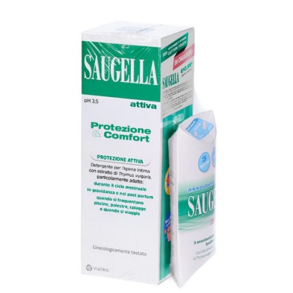 Saugella Protezione&comfort Bundle 1 Attiva 250 ml + 3 Assorbenti Interni Regular in Omaggio + Gadget Stickers Motivazionali
