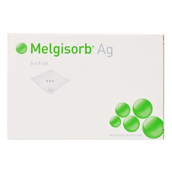 Melgisorb Ag Medicazione Antimicrobica Assorbente in Fibre di Alginato con Carbossimetilcellulosa 5x5cm 10 Pezzi