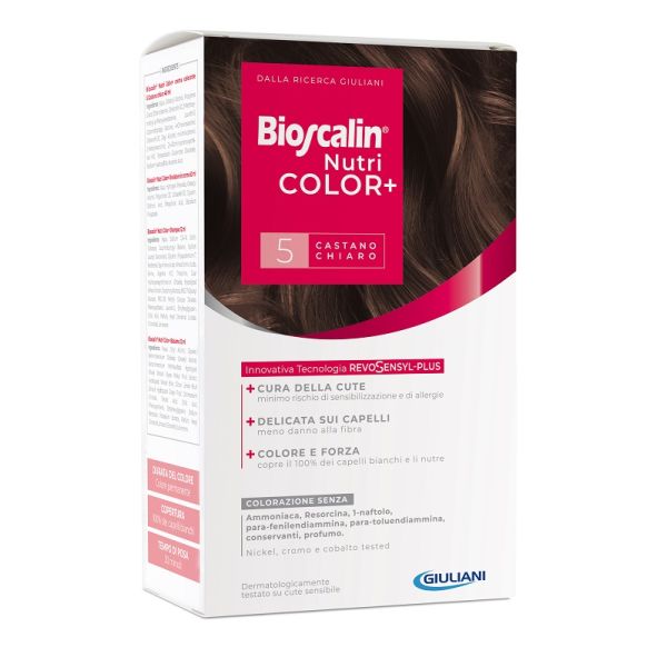 Bioscalin Nutricolor Plus 5 Castano Chiaro Crema Colorante 40 ml + Rivelatore Crema 60 ml + Shampoo 12 ml + Trattamento Finale Balsamo 12 ml
