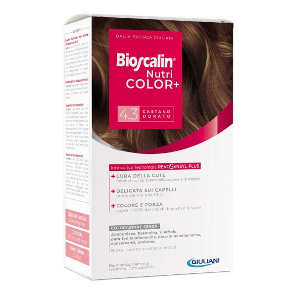 Bioscalin Nutricolor Plus 4,3 Castano Dorato Crema Colorante 40 ml + Rivelatore Crema 60 ml + Shampoo 12 ml + Trattamento Finale Balsamo 12 ml