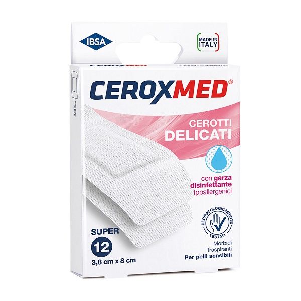 Cerotti Delicati Ceroxmed con Garza Disinfettante Ipoallergenici per Pelli Sensibili Super 3,8x8cm 12 Pezzi