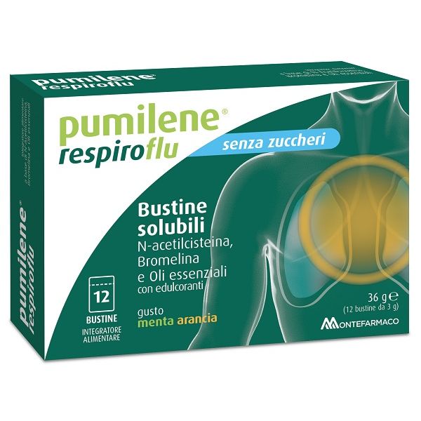 Pumilene Respiroflu Senza Zucchero 12 Bustine Gusto Menta Arancia 36 g
