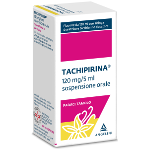 Tachipirina - 120 Mg/5 ml Sospensione Orale Gusto Vaniglia Caramello 1 Flacone in Pet da 120 ml con Adattatore, Siringa Dosatrice E Bicchierino Dosatore