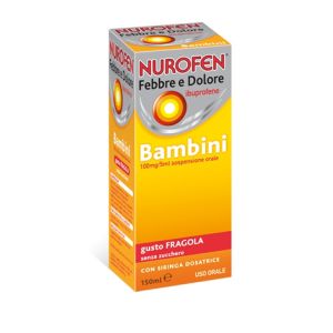 Nurofen Febbre E Dolore - Bambini 100 Mg/5 ml Sospensione Orale Gusto Fragola Senza Zucchero Flacone da 150 ml con Siringa Dosatrice