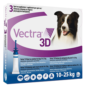 Vectra 3d - 196 mg + 17,4 mg + 1.429 mg Soluzione Spot On per Cani  da 10 a 25 Kg 3 Pipette da 3,6 ml Tappo Blu