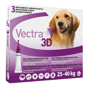 Vectra 3d - 256 mg + 22,7 mg + 1.865 mg Soluzione Spot On per Cani da 25 a 40 Kg 3 Pipette da 4,7 ml Tappo Viola