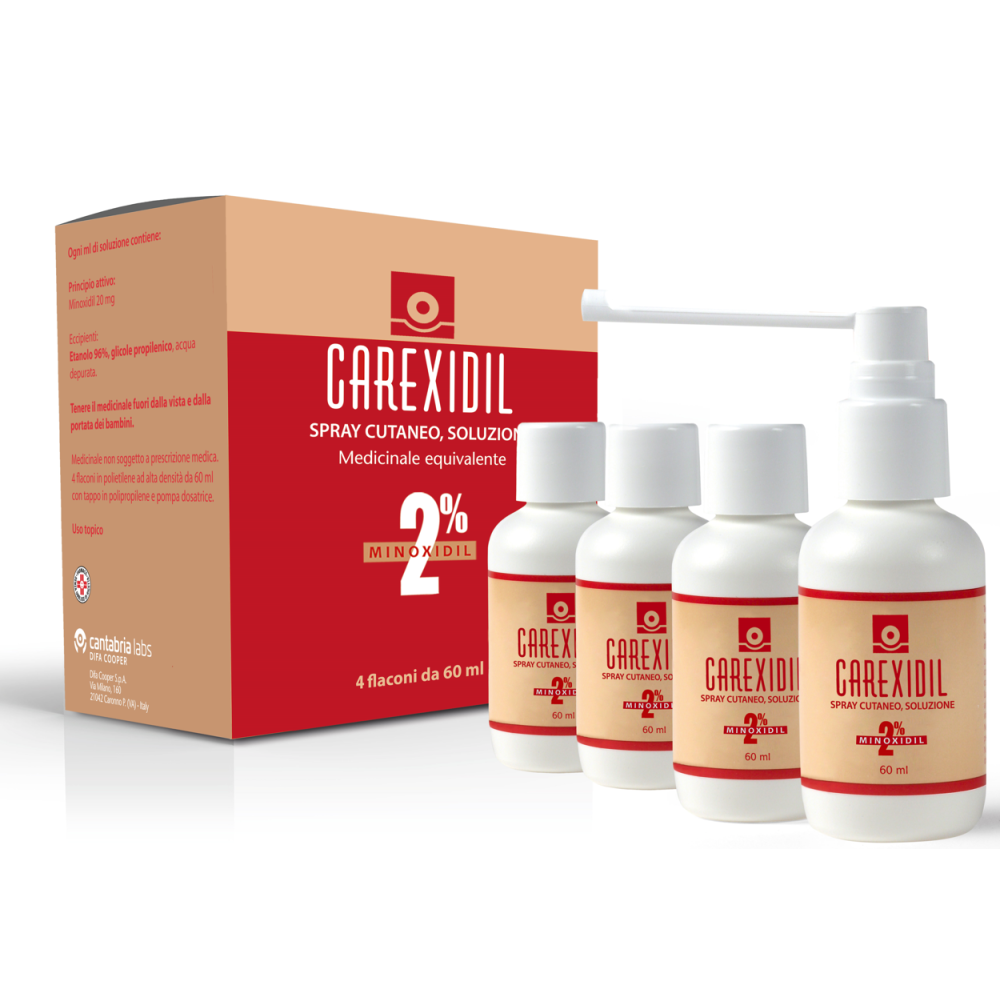 Carexidil - 2% Spray Cutaneo Soluzione, 4 Flaconi in Hdpe da 60 ml con Pompa Dosatrice