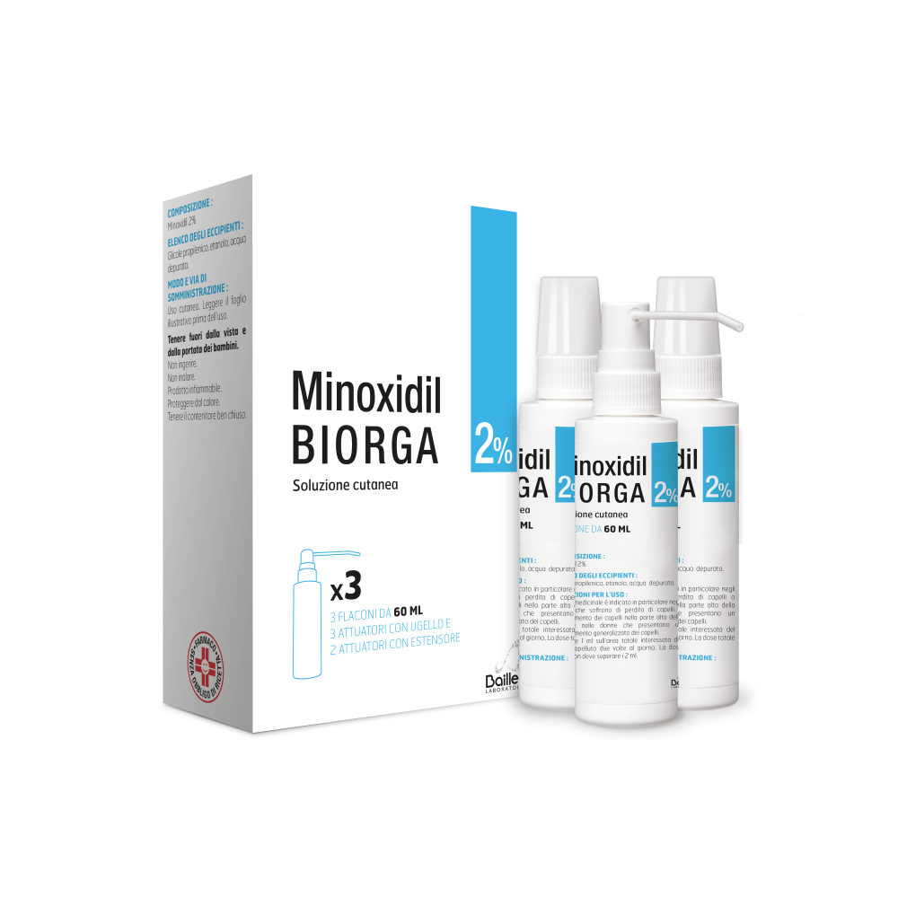 Minoxidil Biorga (laboratoires Bailleul) - 2% Soluzione Cutanea, 3 Flaconi Hdpe 60ml con Pompa Spray E  Applicatore