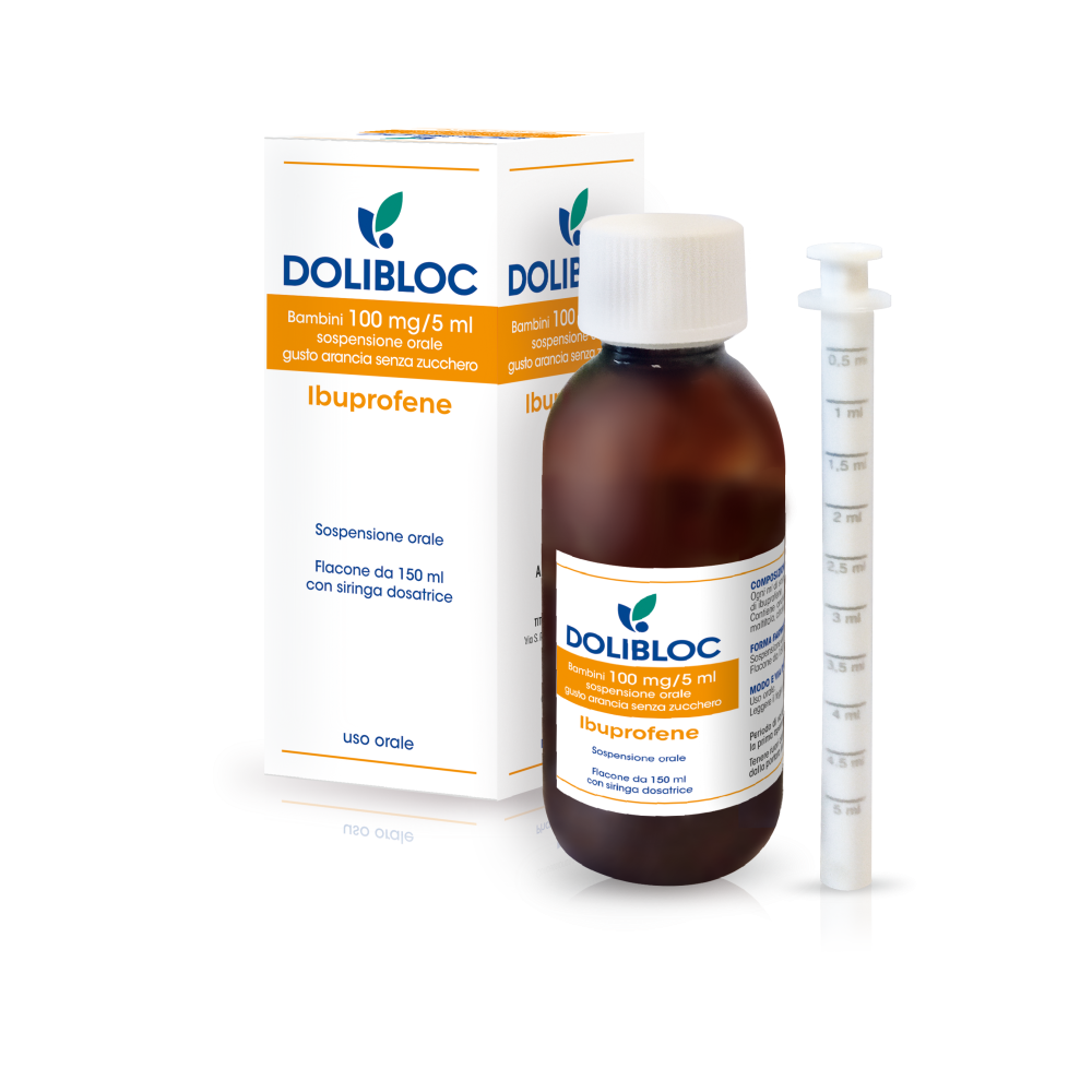 Dolibloc - Bambini 100 Mg/5ml Sospensione Orale Gusto Arancia Senza Zucchero 1 Flacone in Pet 150ml con Siringa Dosatrice in Pe