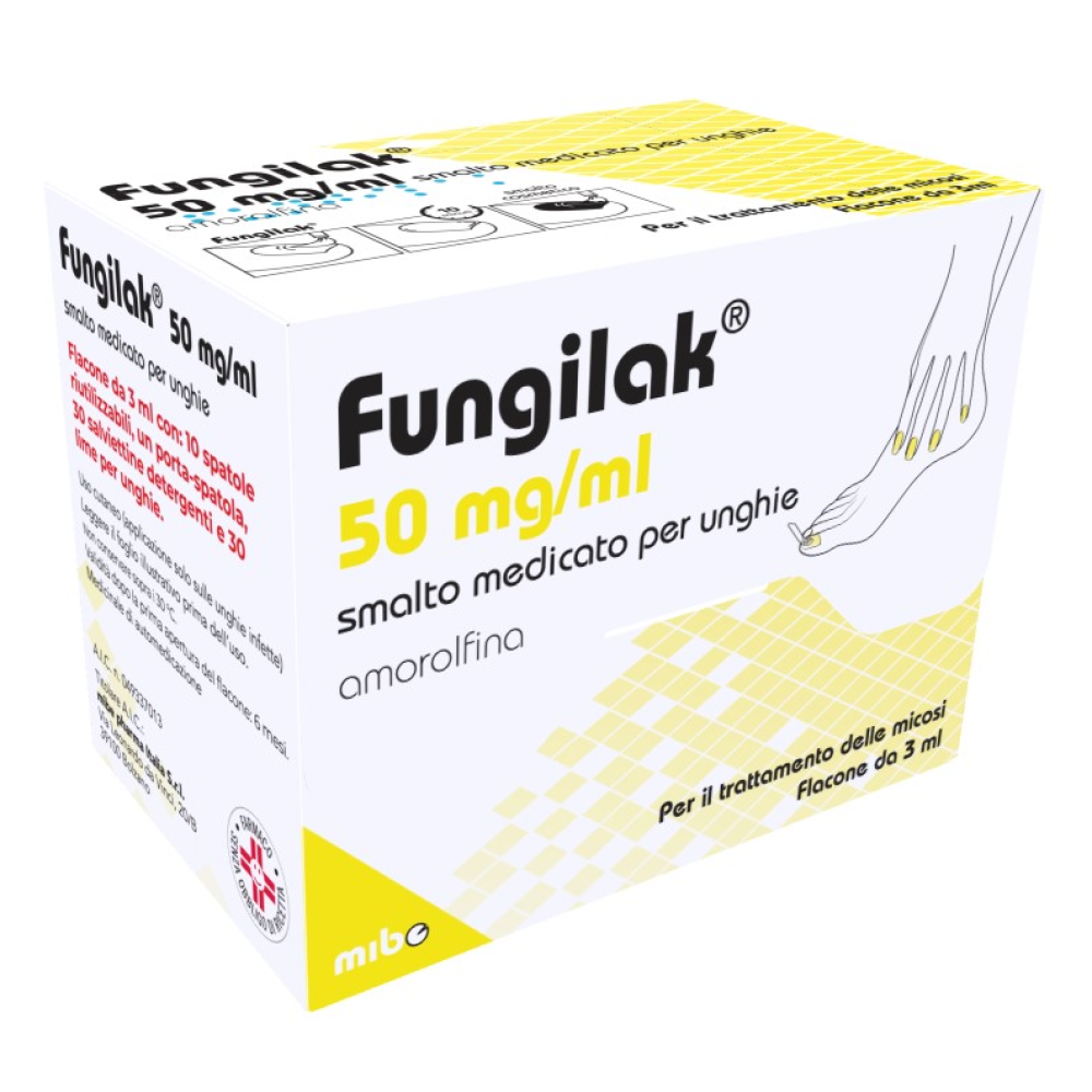 Fungilak - 50 Mg/ml Smalto Medicato per Unghie 1 Flacone in Vetro da 3 ml con 10 Spatole Riutilizzabili 1 Porta Spatola 30 Salviettine Detergenti E 30 Limette