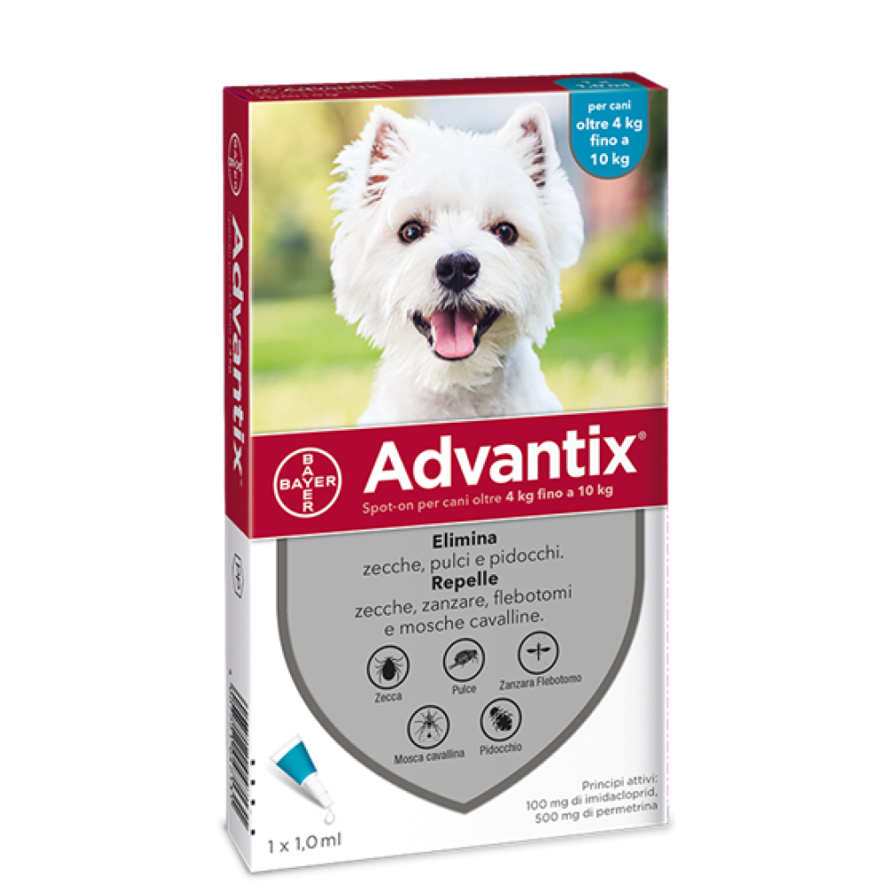 Advantix Spot On - 100 mg + 500 mg Soluzione Spot On per Cani da 4 a 10 Kg 1 Pipetta da 1 ml
