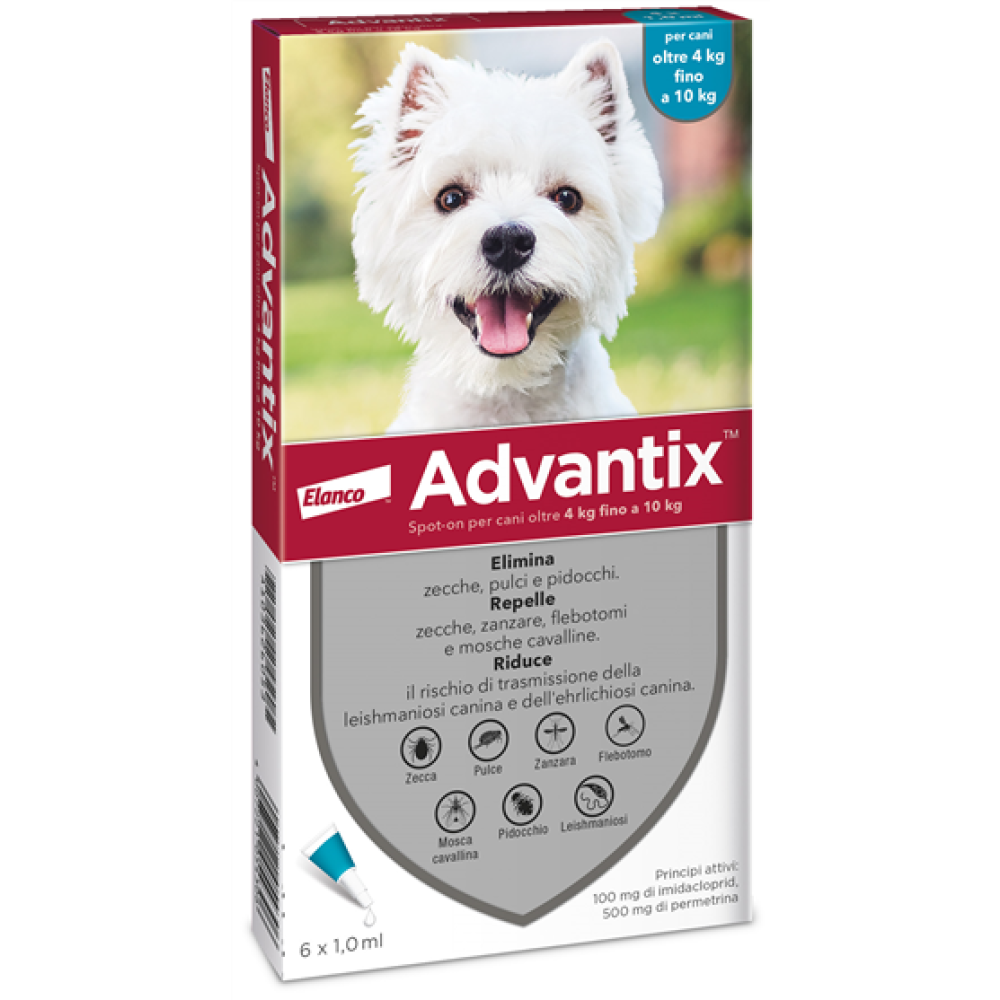Advantix Spot On - 100 mg + 500 mg Soluzione Spot On per Cani da 4 a 10 Kg 6 Pipette da 1 ml