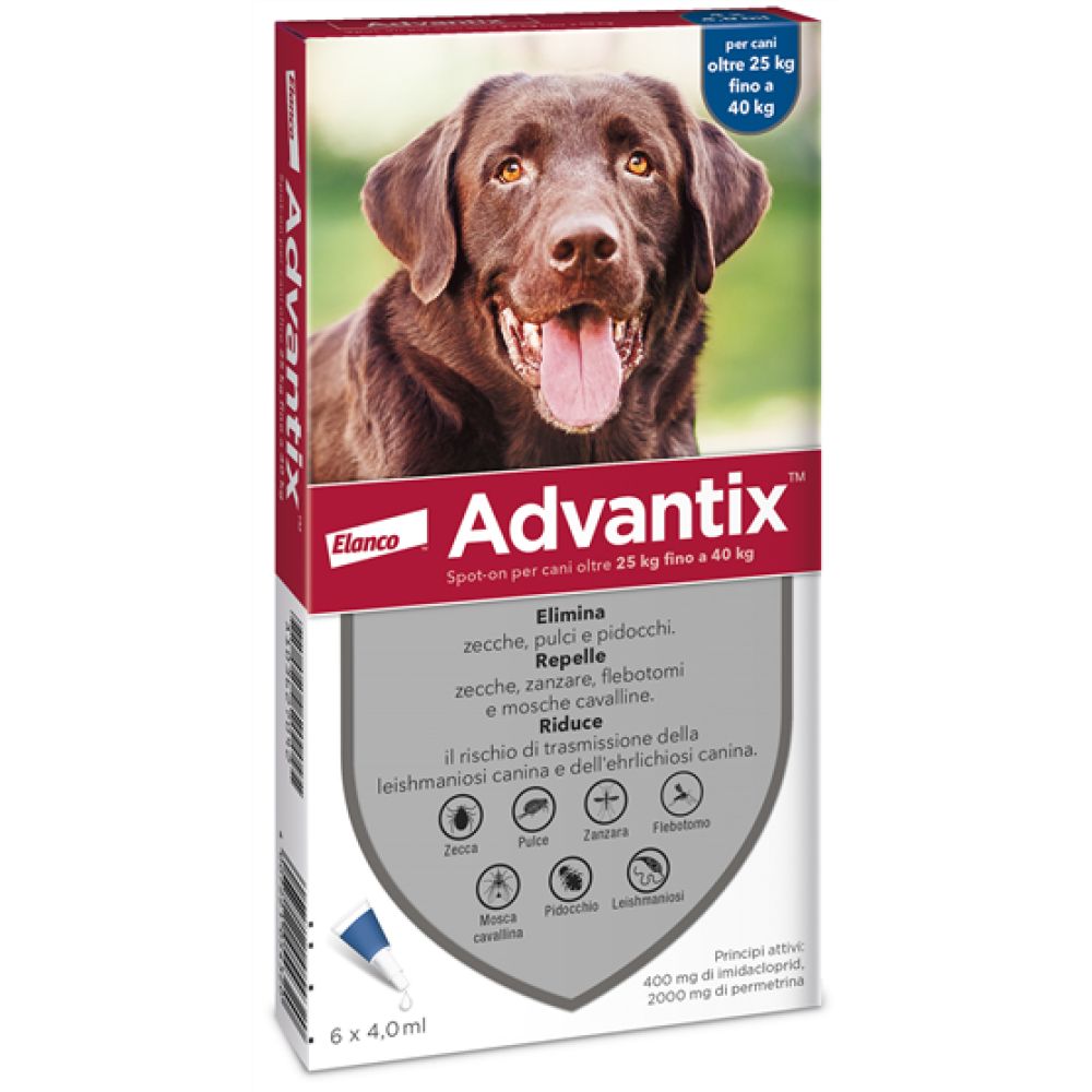 Advantix Spot On - 400 mg + 2.000 mg Soluzione Spot On per Cani da 25 a 40 Kg 6 Pipette da 4 ml