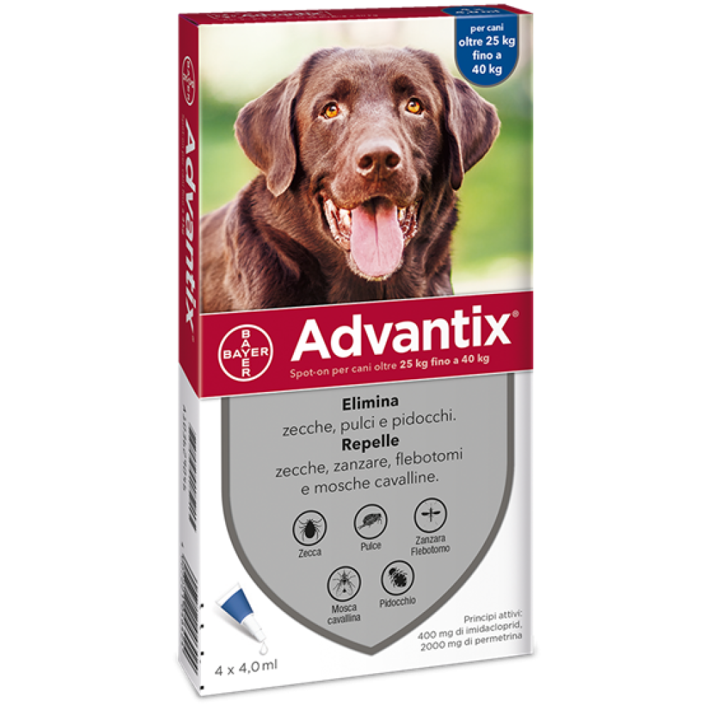 Advantix Spot On - 400 mg + 2.000 mg Soluzione Spot On per Cani da 25 a 40 Kg 4 Pipette da 4 ml