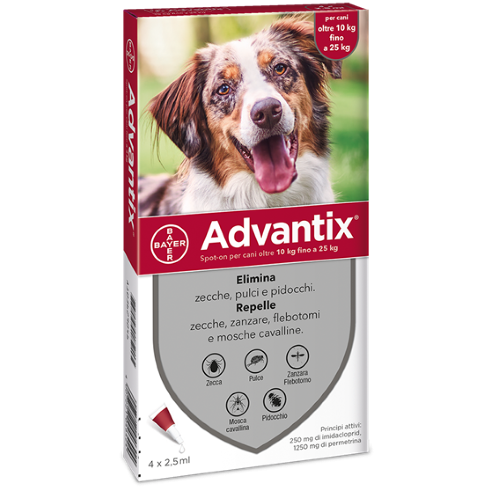 Advantix Spot On - 250 mg + 1.250 mg Soluzione Spot On per Cani da 10 a 25 Kg 4 Pipette da 2,5 ml