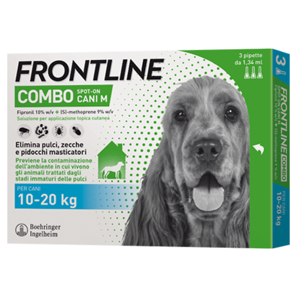 Frontline Combo Spot-on Cani M - 134 mg + 120,6 mg Soluzione Spot On per Cani da 10 a 20 Kg 3 Pipette da 1,34 ml
