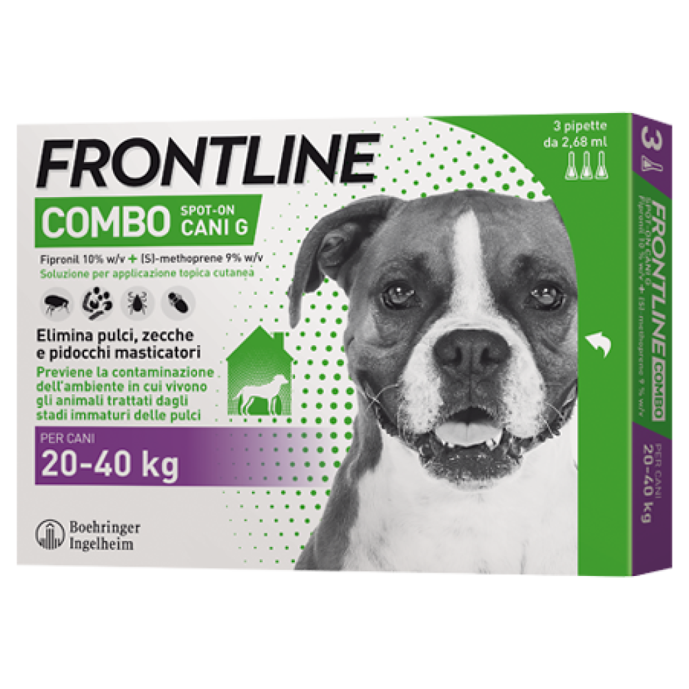 Frontline Combo Spot-on Cani g - 268 mg + 241,2 mg Soluzione Spot On per Cani da 20 a 40 Kg 3 Pipette da 2,68 ml