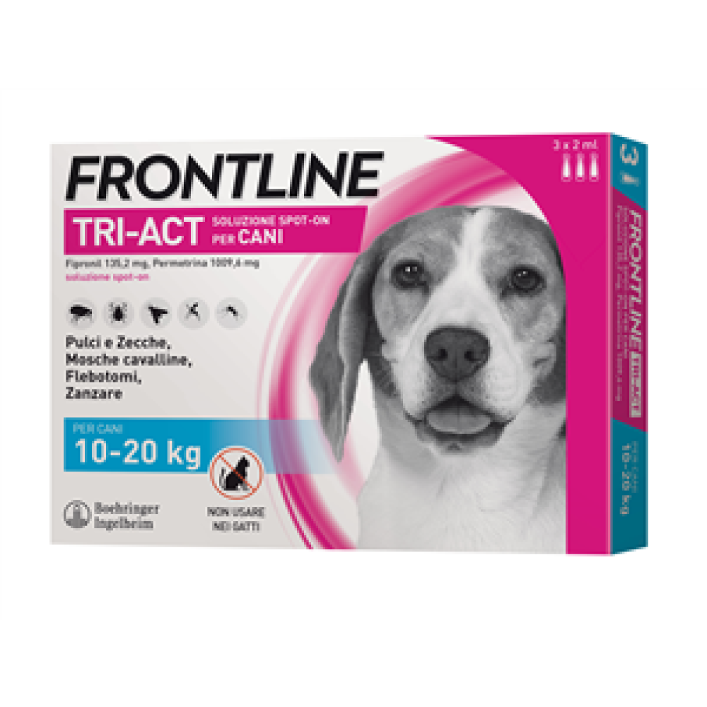 Frontline Tri-act - 135,2 mg + 1.009,6 mg Soluzione Spot On per Cani da 10 a 20 Kg 3 Pipette da 2 ml