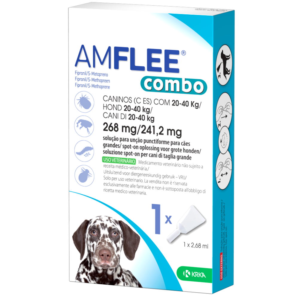 Amflee Combo - 268 mg + 241,2 mg Soluzione Spot On per Cani da 20 a 40 Kg 3 Pipette da 2,68 ml
