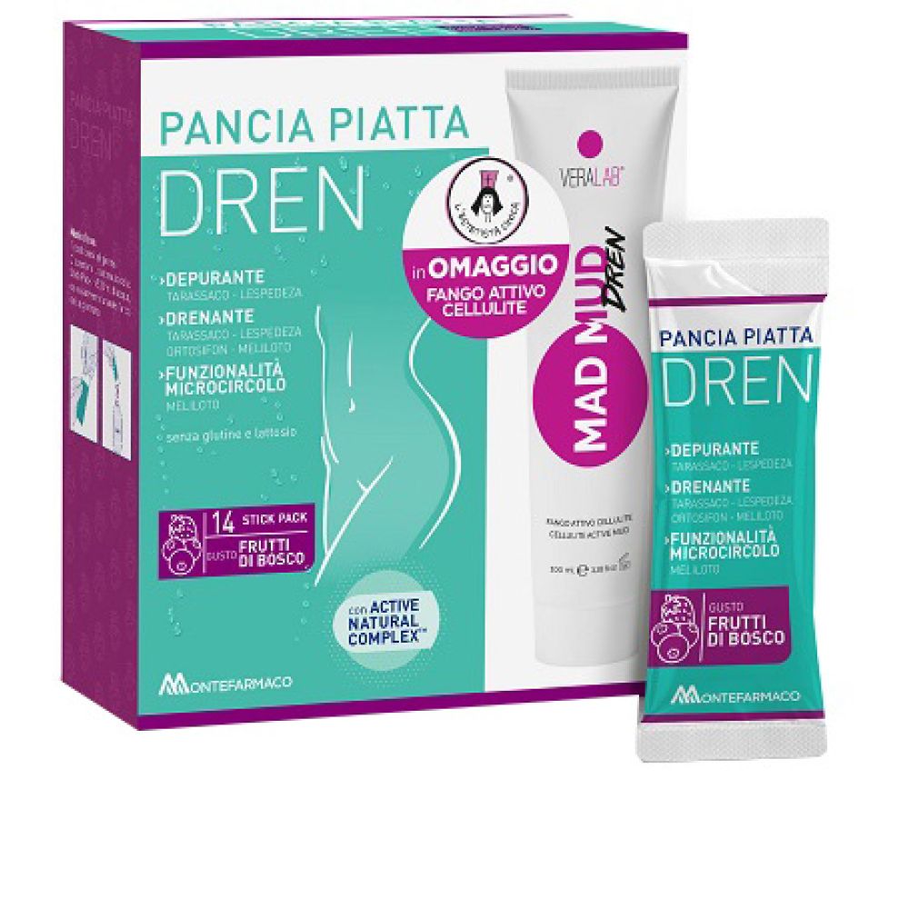 Pancia Piatta Dren Frutti di Bosco 14 Bustine Stick Pack + Fango Attivo Cellulite 100 ml Omaggio