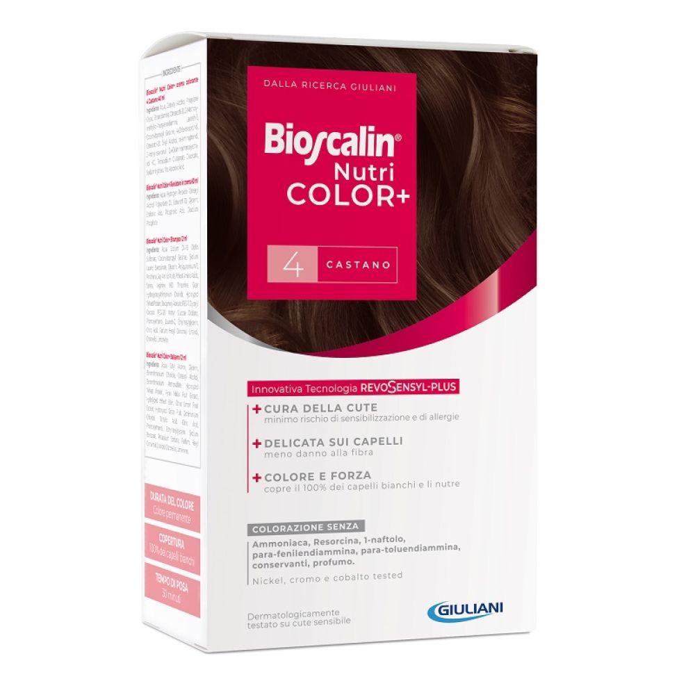 Bioscalin Nutricolor Plus 4 Castano Crema Colorante 40 ml + Rivelatore Crema 60 ml + Shampoo 12 ml + Trattamento Finale Balsamo 12 ml